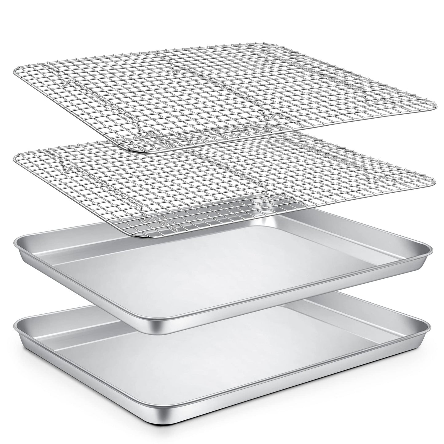 P&P CHEF Baking Sheets and Racks Set (2 Pans + 2 Racks), Stainless Steel Baking Sheet Oven Tray and Cooling Grid Rack for Cookies Meats, Size 16 x 12 x 1 Inch, Oven & Dishwasher Safe