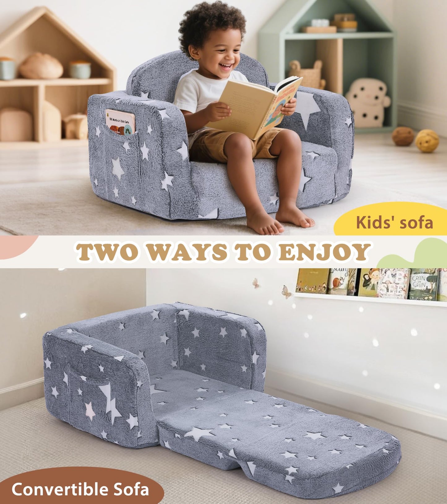 Kids Couch, 2-in-1 Soft Toddler Couch Fold Out with Blanket and Cloud Pillow, Glow in The Dark, Toddler Chair Comfy, Convertible Sofa, Gifts for Kids Girl Boys, Grey Star