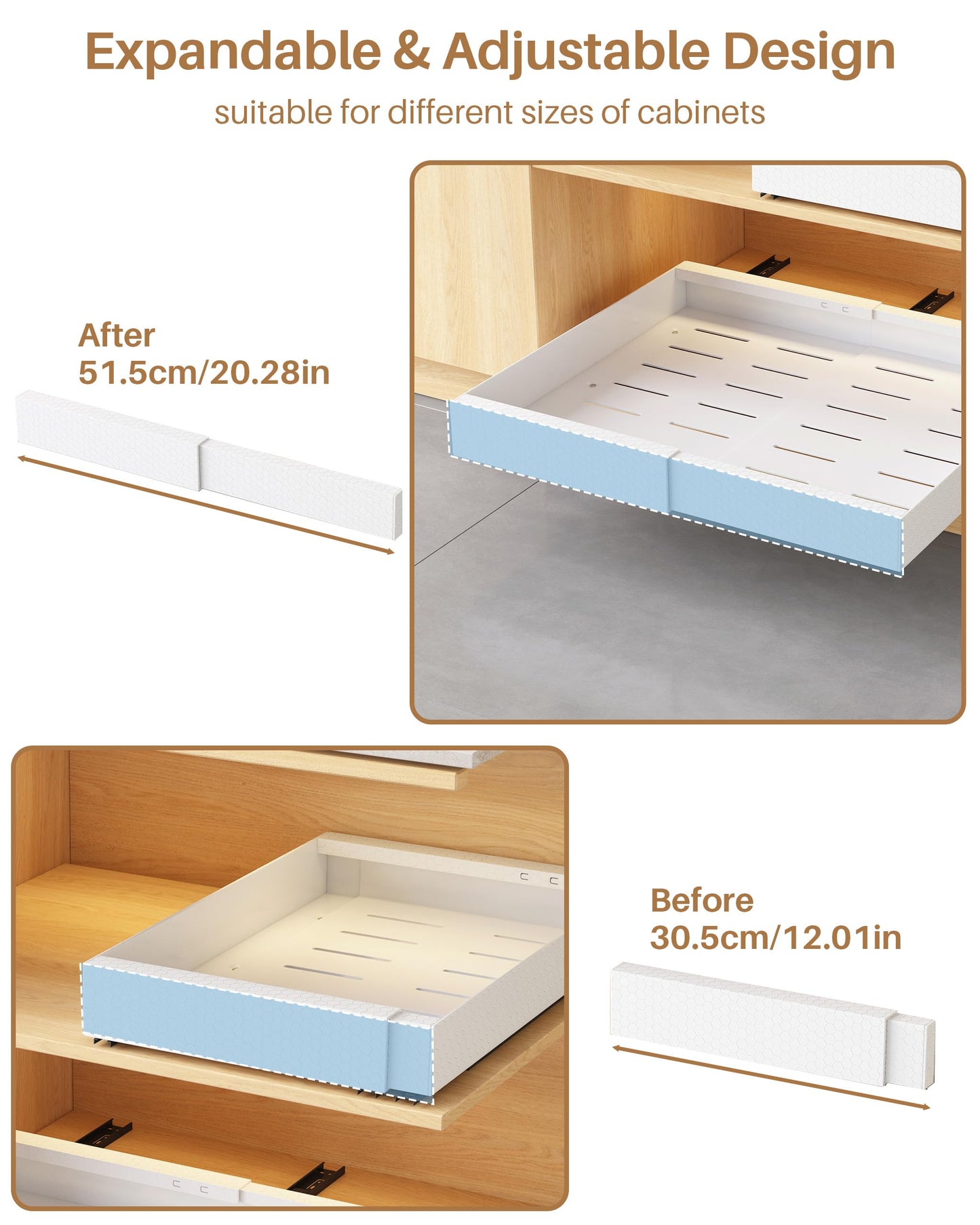 UMDONX 2 Pack Expandable Pull out Cabinet Storage Organizer Kitchen Cupboard Drawers, No Drill Adhesive Pantry Shelf Peel and Stick Sliding Rack(Durable Metal White Load 65LBS 21"Deep)