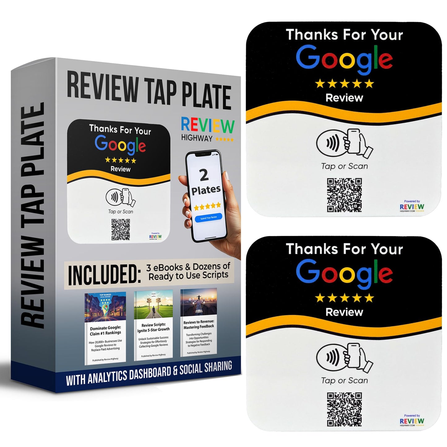 NFC Tap Plate (2-Pack) by Review Highway – Canada Made - Compatible with Google Reviews - NFC Tap & QR Scan for Instant Reviews - iPhone/Android Compatible – Reusable & Lightning Fast