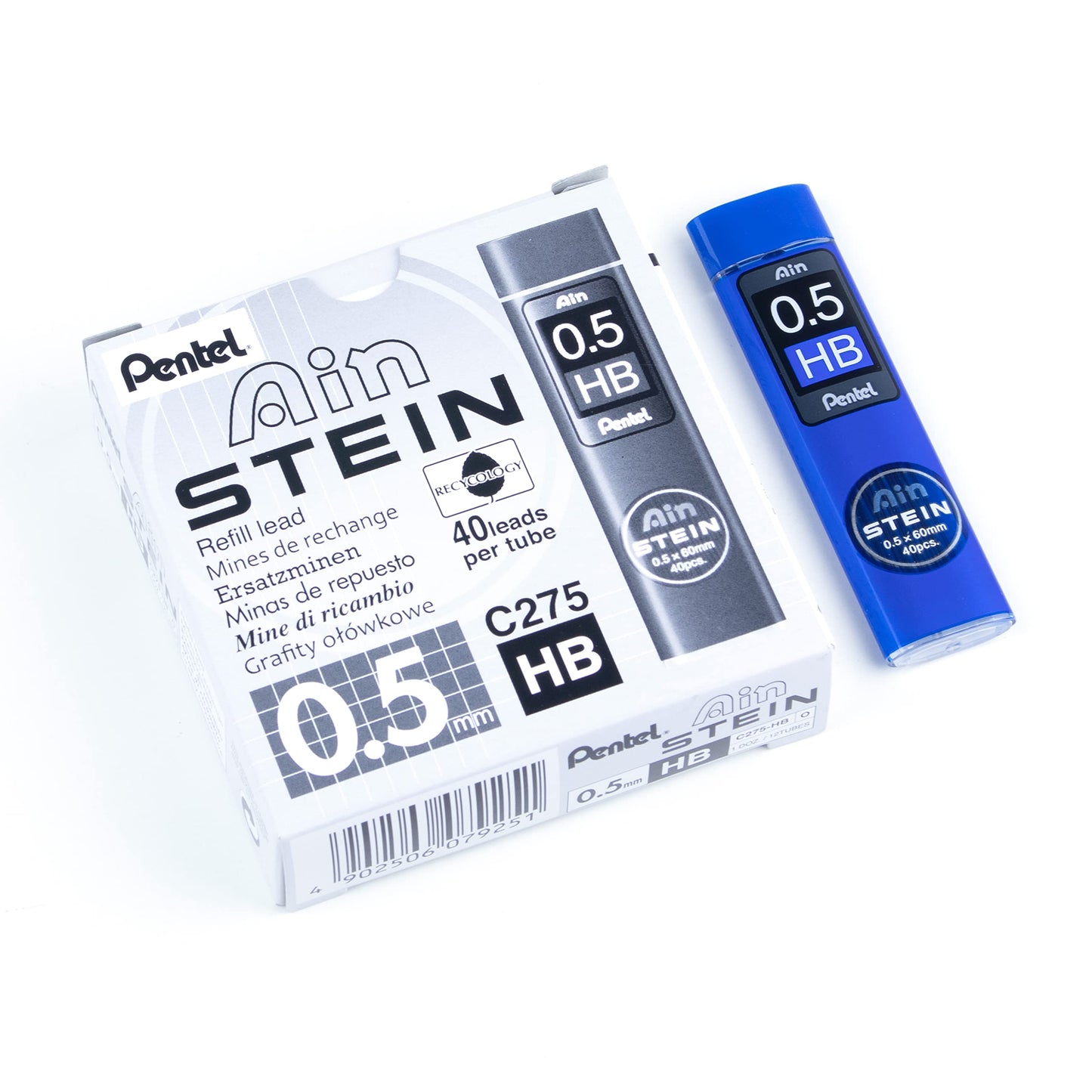Pentel Ain Stein Lead Refill for Mechanical Pencils, HB Grade, Standard Lead for Everyday Use, 40 Leads per Tube, 0.5mm Fine Point, C275-HB, Box of 12