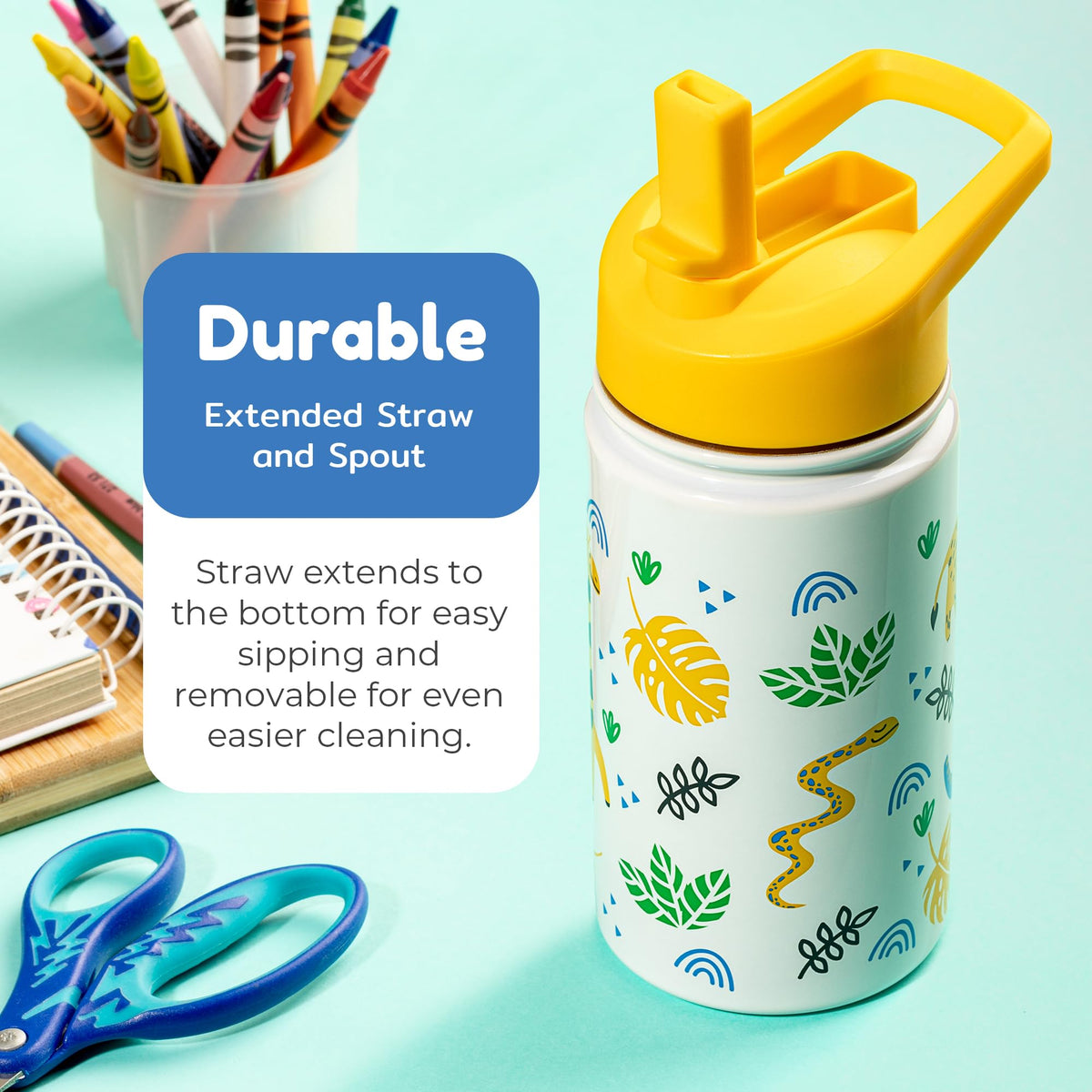 BOZ Kids Insulated Water Bottle with Straw Lid - Two-Pack Bundle, Construction/Safari, Stainless Steel Vacuum Double Wall Water Cup, 14 oz (414ml). Scratch-Resistant and Carry Handle, Dishwasher-Safe