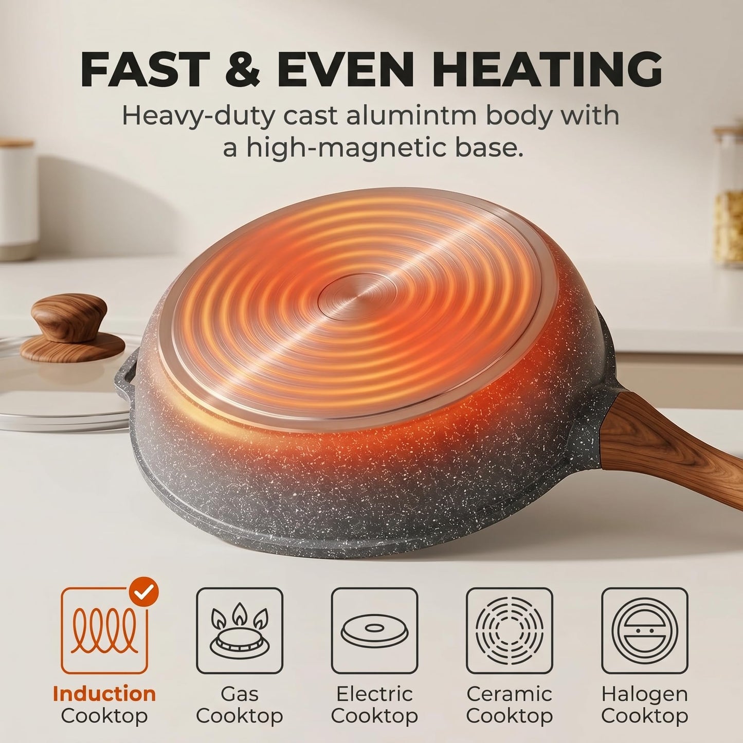 YASHE 12 Inch Nonstick Skillet with Lid, 5 QT Deep Frying Pan, Granite Non Stick Saute Pan with Helper Handle, Large Skillet for Family Meals, Induction Compatible All Stovetops, PFOA/PFOS Free
