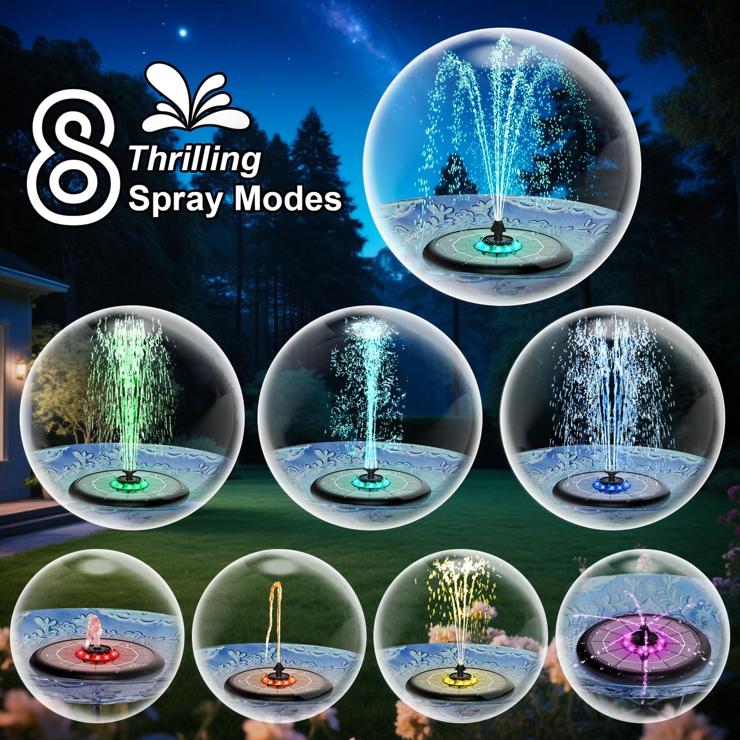GAIZERL Solar Fountain UFO Style, 2026 Upgrade 5W Glass Solar Panel Bird Bath Fountain with LED Lights, 4000mAh Backup Battery, 7 Nozzles for for Garden, Pond, Pool, Patio Outdoor Water Feature