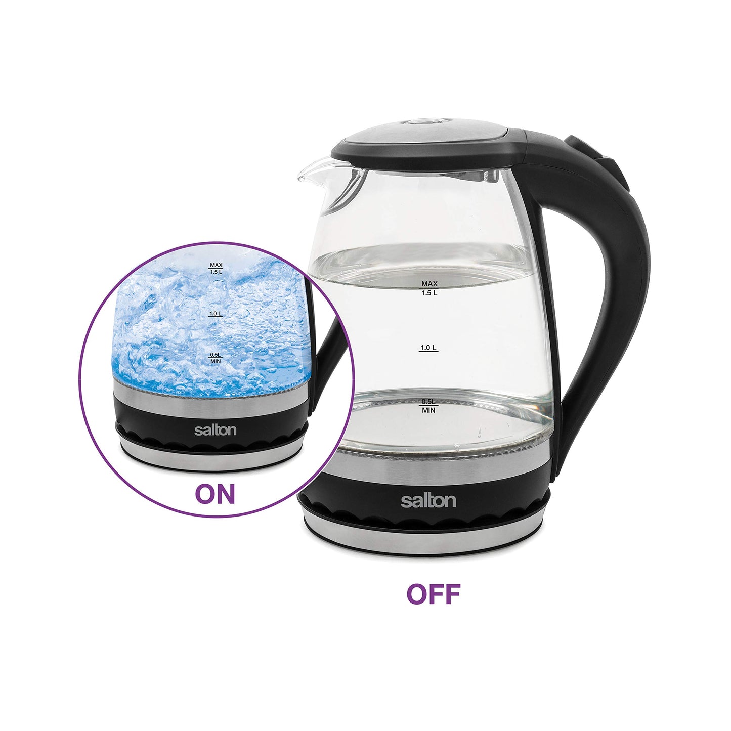 Salton Cordless Electric Glass Kettle - Compact 1.5L/Quart Water Boiler and Tea Heater with Automatic Shut-Off and Boil-Dry Protection, Soft Blue Illumination, Stainless Steel, 1100 Watts