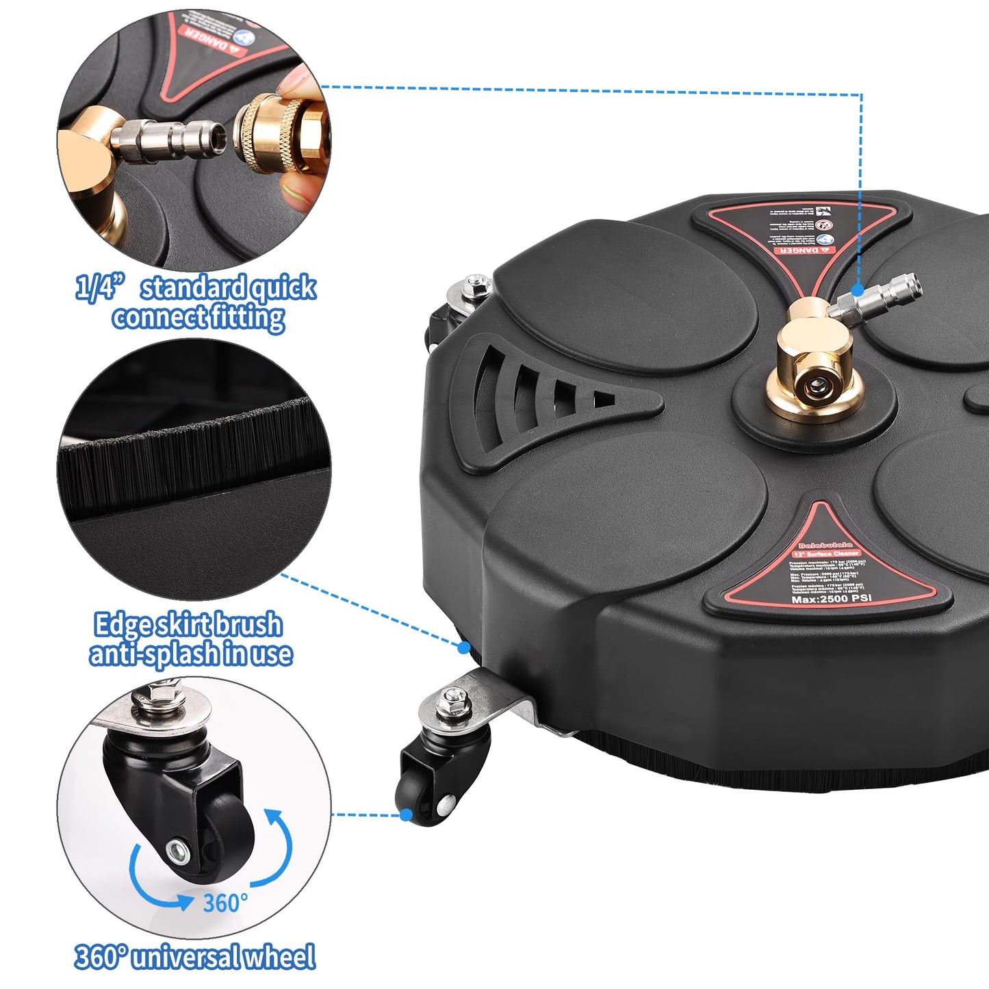 13" Pressure Washer Surface Cleaner Attachments,Balabulala 2500 PSI Power Surface Cleaner,with 4 Wheels 1/4" Quick Connector 2 Extension Wands for Decks,and Patios