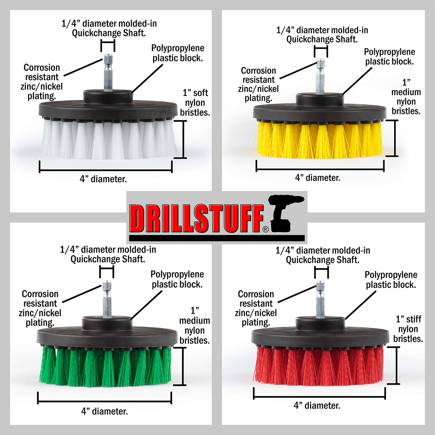 4in 4 Piece Soft, Medium and Stiff Power Scrubbing Brush Drill Attachment for Cleaning Showers, Tubs, Bathrooms, Tile, Grout, Carpet, Tires, Boats by DrillStuff