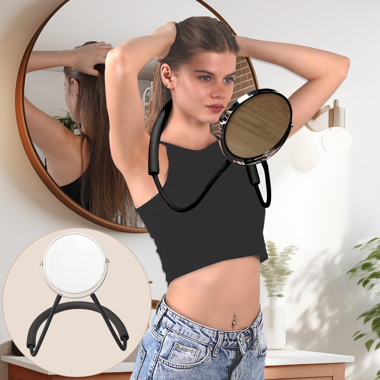 XWZMR Double Sided Mirror to See Back of Head,Big Size 360°self Haircut Hands Free Adjustable Mirror,Standard Viewing and 5X Magnification for Women Man,Arm Flexible to Around The Neck
