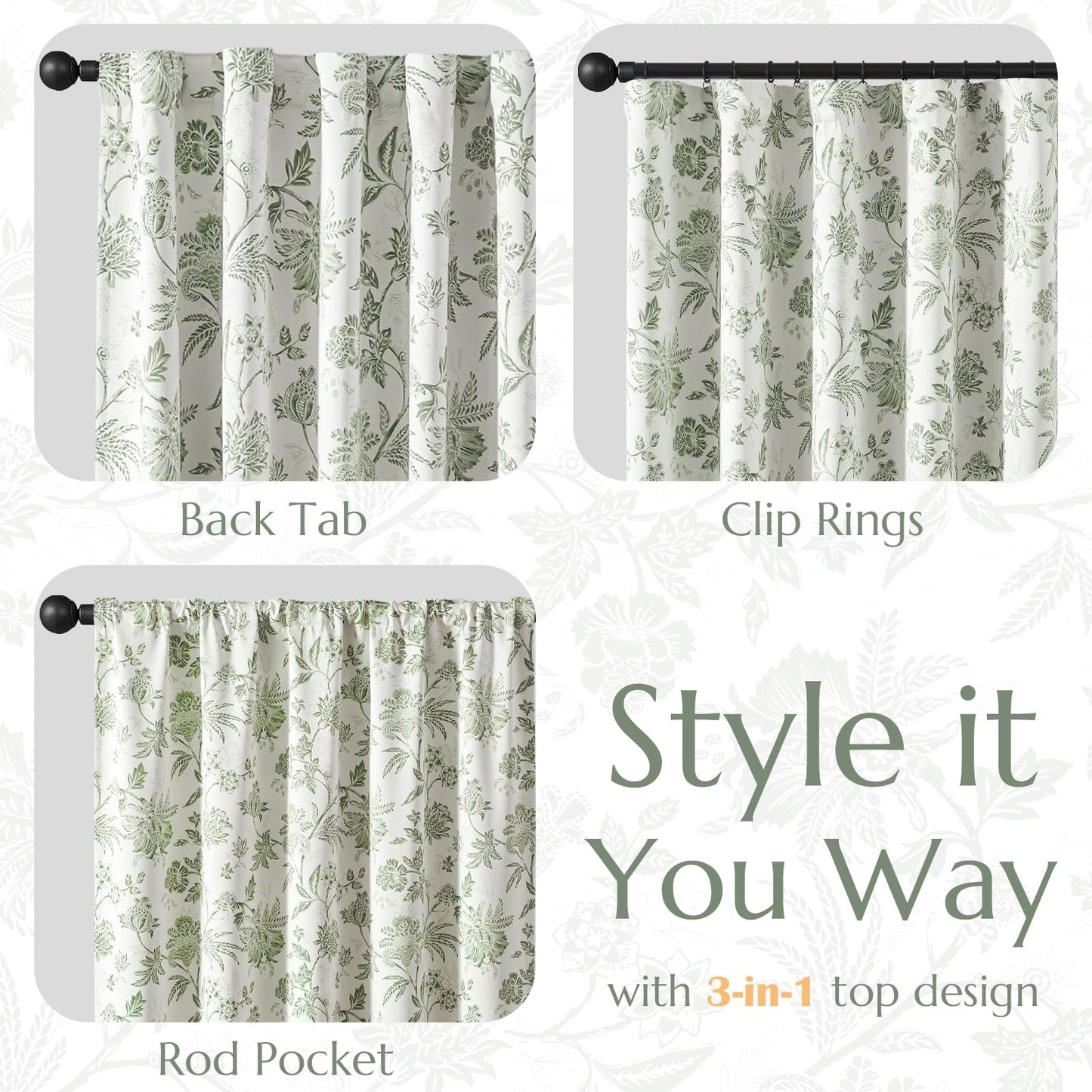 jinchan Blackout Floral Curtains for Bedroom, 84 Inches Long Printed Flower Black Out Curtains, French Country Back Tab Sage Green Window Treatment Farmhouse Drapes Set 2 Panels Green