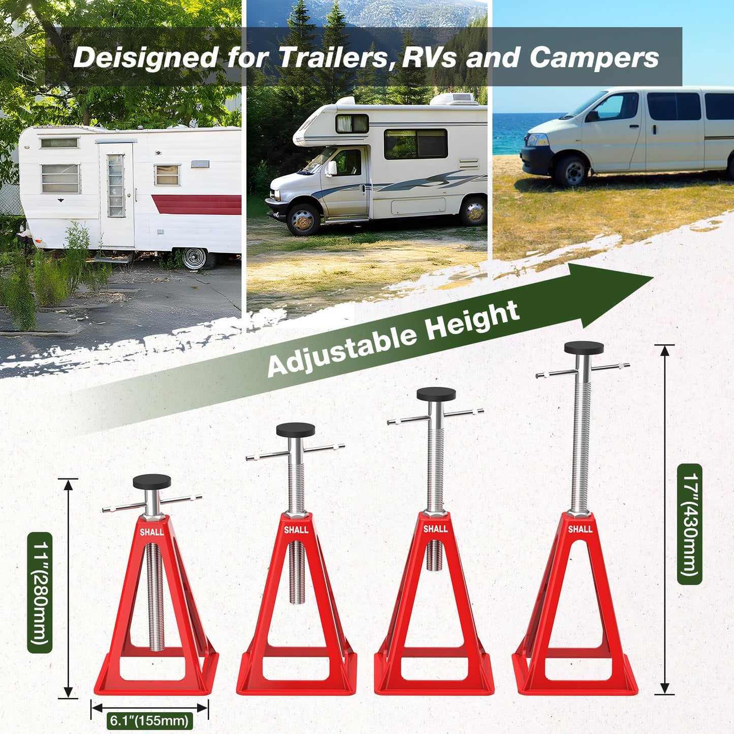 SHALL RV Stabilizer Jacks, 4-Pack Heavy Duty Aluminum Jack Stands for Travel Trailer Camper, Single Support up to 7500 Lbs, RV Leveling Screw Jack with Spare Nuts & Pads, Adjustable from 11" to 17"