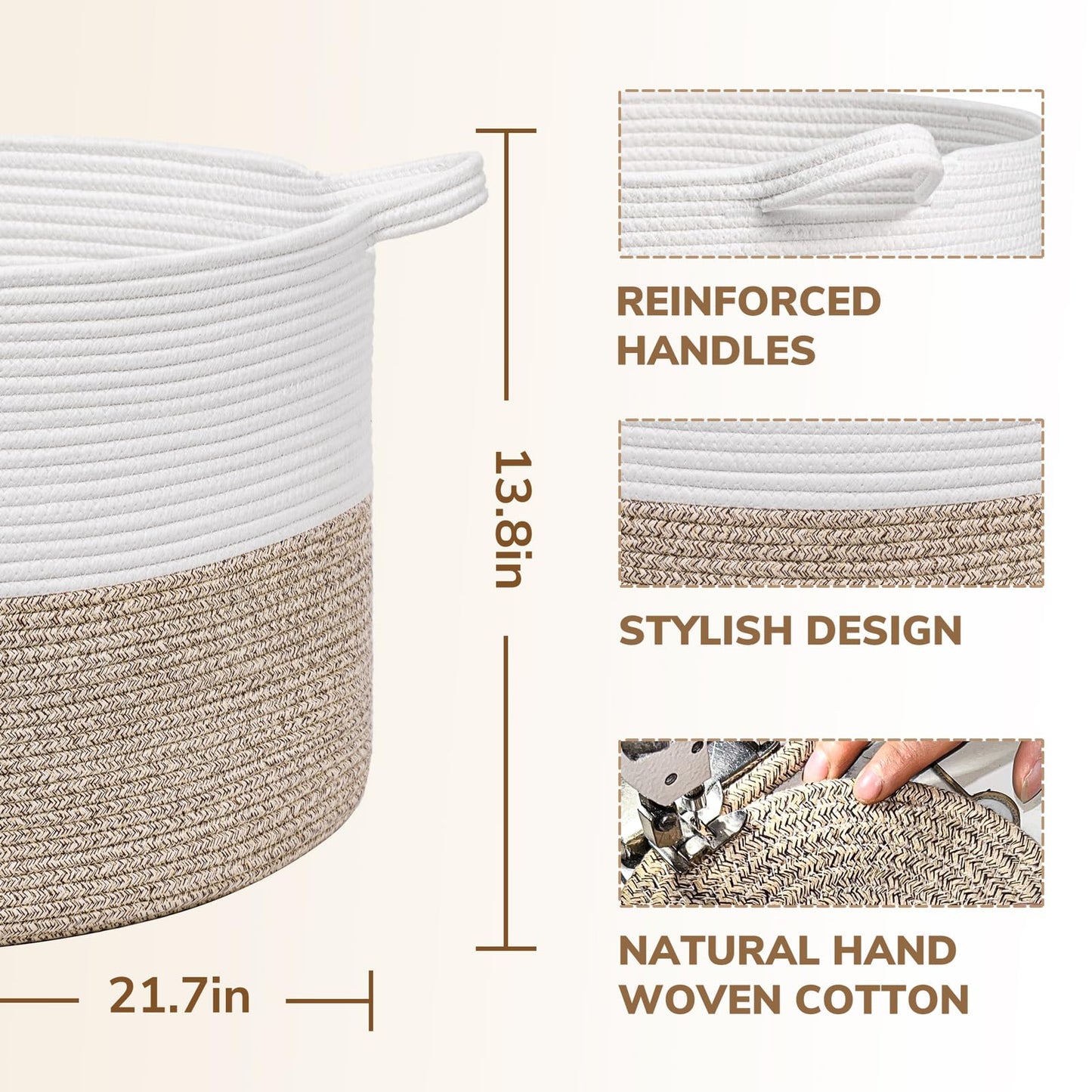 INDRESSME Woven Laundry Basket, 21.7'' x 13.8'' Large Rope Blanket Basket Living Room, Woven Baskets for Dirty Clothes, Pillows, Towel, 90L Light Brown