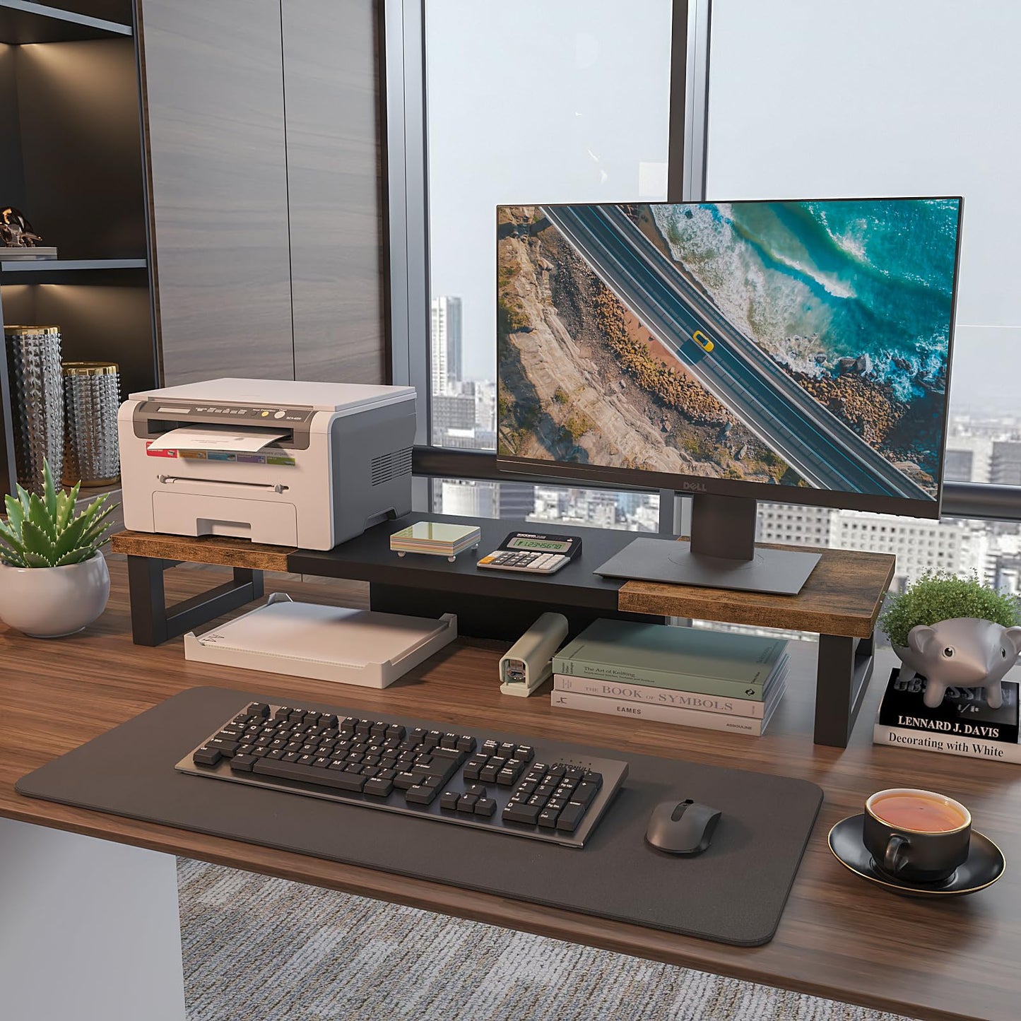 WESTREE Dual Monitor Riser Stand, Sturdy Computer Monitor Riser, Multi-Purpose Desktop Storage Organizer Shelf for Laptop Computer (Rustic Brown-Large)
