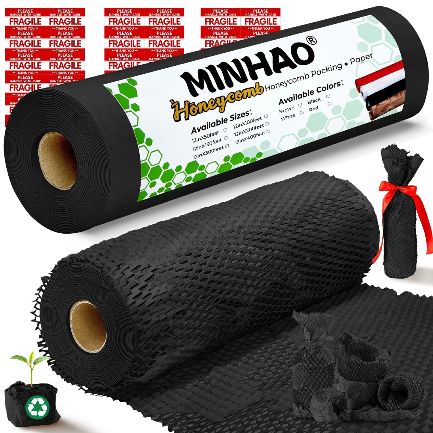 Honeycomb Packing Paper,12" W x 400' L Bubble Cushioning Wrap for Moving,Products & Gifts Wrapping Paper,Recyclable and Biodegradable Cushioning Packing Material with 36 Fragile Sticker Labels(Black)