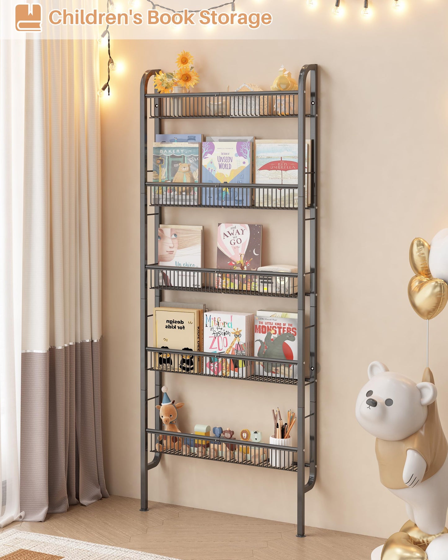UMDONX Narrow Metal Storage Shelf Behind Door Organizer 5 Tier, Bookshelf Bookcase Book Rack Bathroom Shelving Unit Multifunctional (Black 62x9x160cm)
