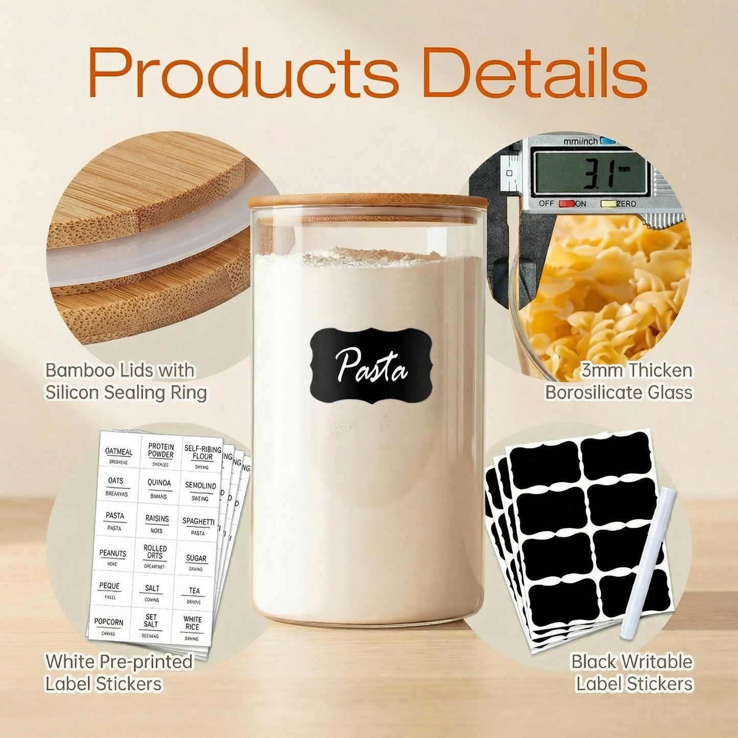 HomArtist Glass Jars with Bamboo Lids 28 floz [Set of 8], Glass Canisters with Airtight Lids, Glass Food Storage Containers for Pasta, Oats, Coffee, Flour, Sugar, Rice, Best for Kitchen & Pantry