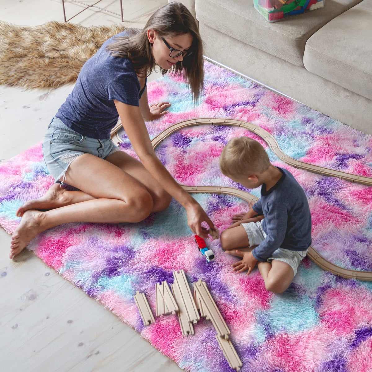 AROGAN Soft Rainbow Area Rugs for Girls Room 5x8 Feet, Fluffy Girls Bedroom Rugs, Princess Rug, Cute Colorful Carpet for Kids Teens Nursery Toddler (Hot Pink)