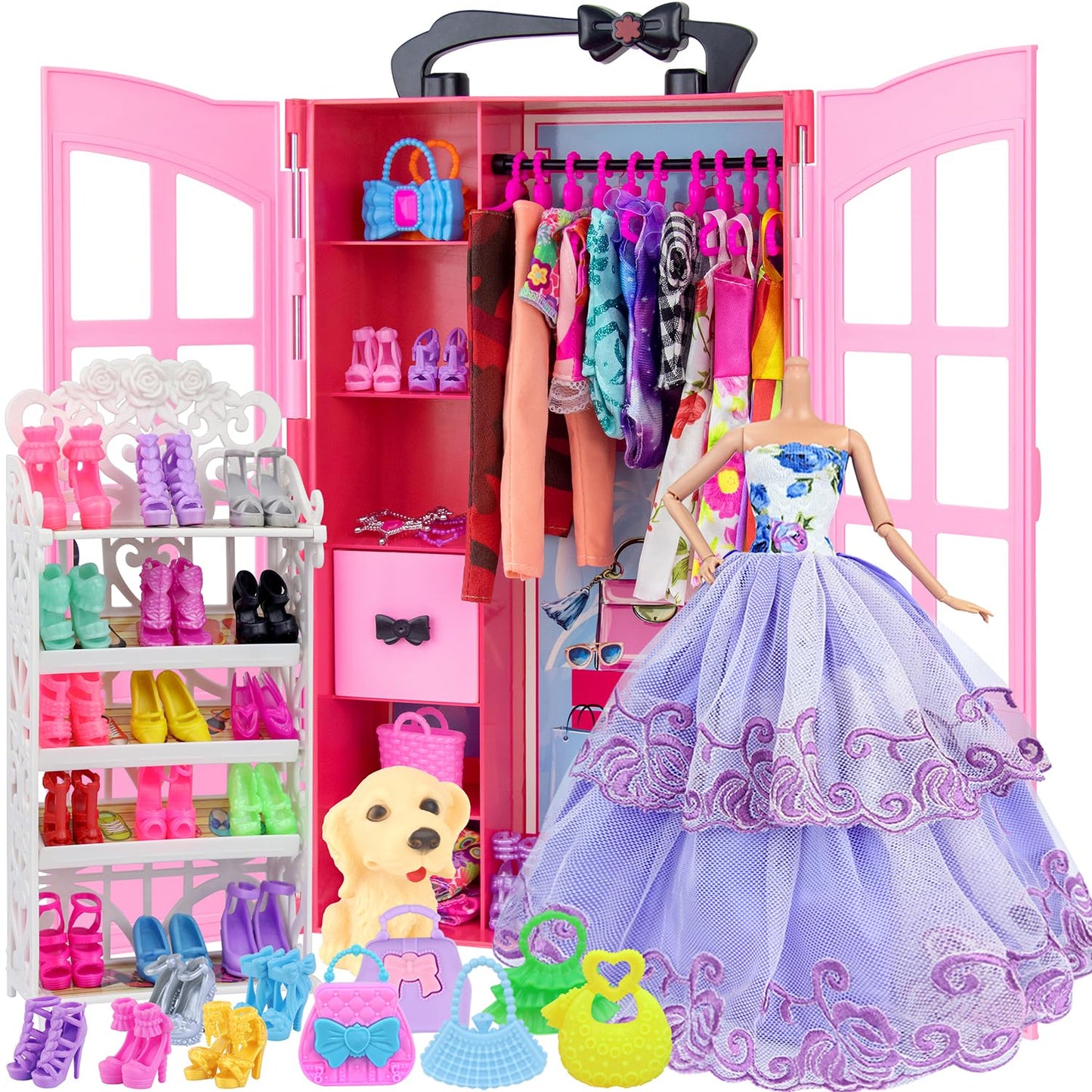 ZITA ELEMENT 120 Pcs Fashion Doll Closet Wardrobe for Clothes and Accessories Storage Include Clothes, Dresses, Shoes, Shoes Rack, Bags, Necklace, Hangers for 11.5 Inch Girl Doll Clothes