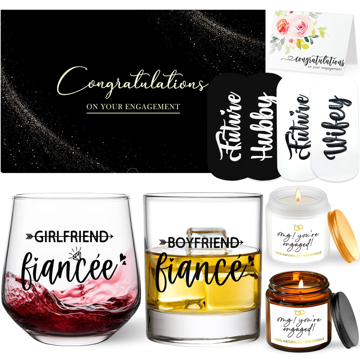 Engagement Gifts for Couples - Wine and Whiskey Glass Set for Newly Engaged, Boyfriend & Girlfriend, Fiance Fiancee, Mr and Mrs, His and Hers - Newlywed Wedding Gift