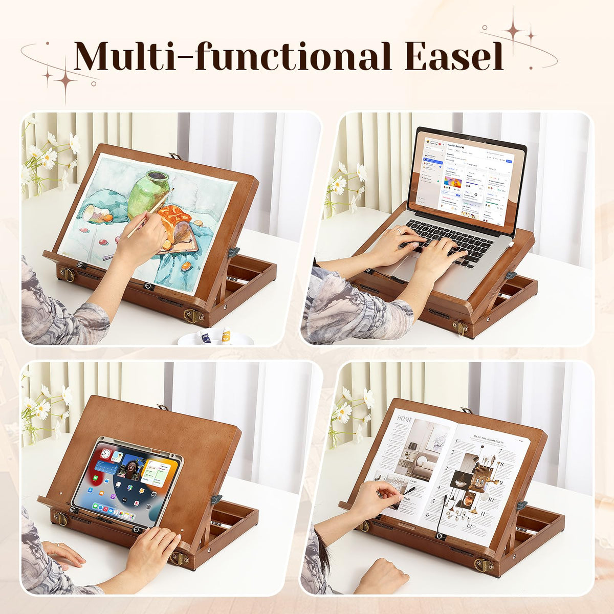 TYYIHUA A3 Tabletop Easel with Page Clips and Strap, Adjustable from 0° to 90, Portable Desktop Art Easel for Paingting for Indoor Outdoor, Wooden Drawing Board for Sketching, Book