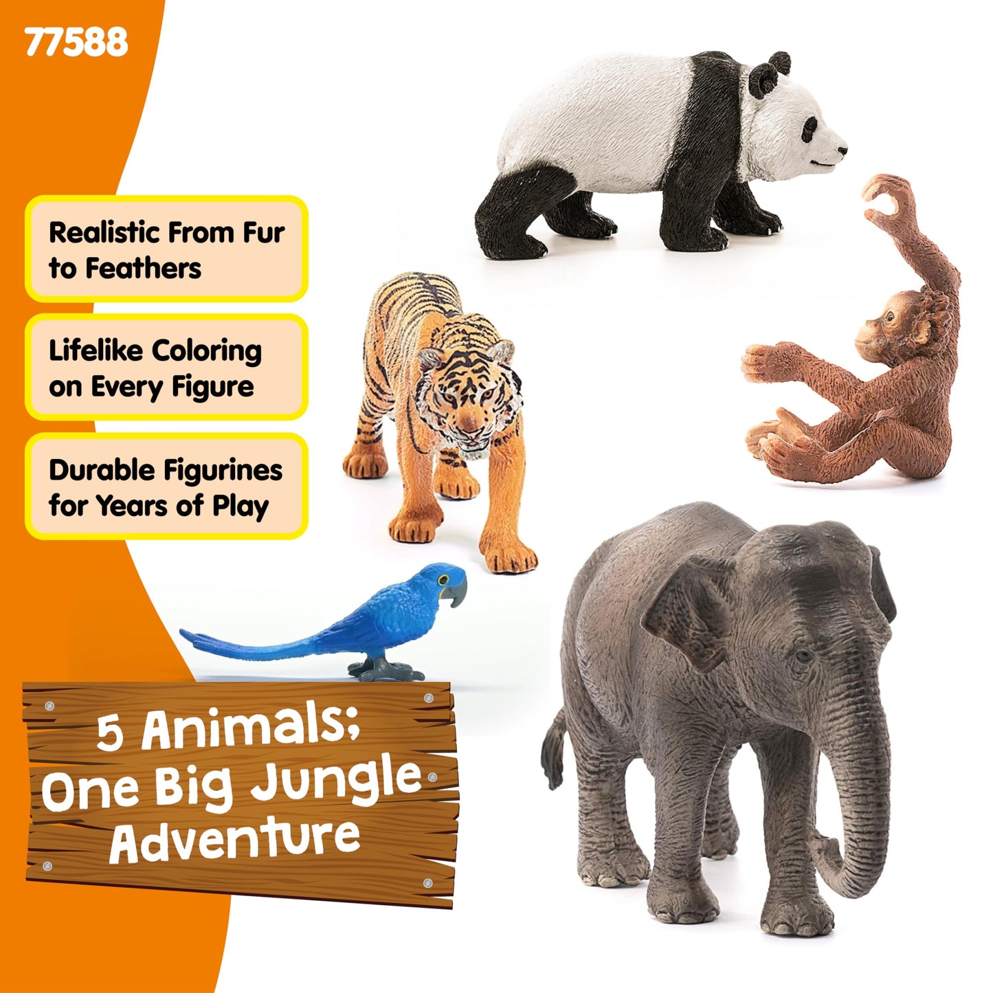 schleich Wild Life - 5PC Wild Animal Toy Set - Jungle Safari Bundle with Panda, Macaw, Baby Orangutan, Elephant, and Tiger Figurine - Realistic Wildlife Figures for Screen-Free Play - Kids 3+ | 77588