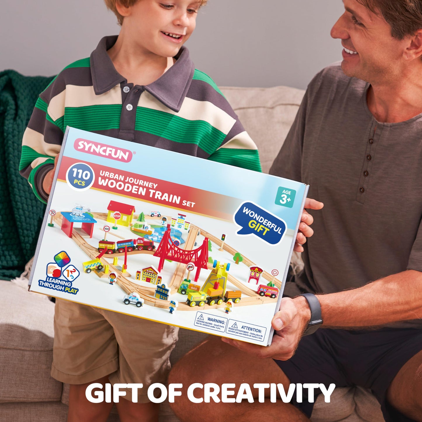 110PCS Montessori Wooden Train Set - Urban Journey, City Scene Railway Set with Magnetic Trains, Cars, Helicopter & Ship, Perfect Xmas Birthday Party Toy Gift for Kids Toddlers Boys Girls Ages 3-8