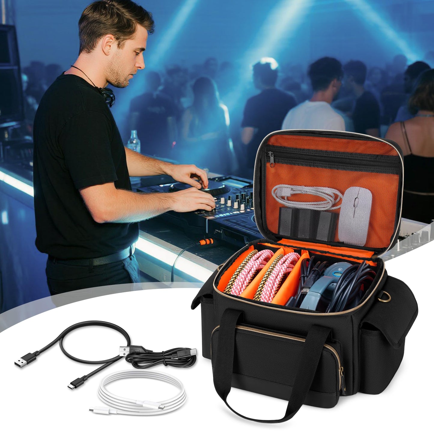 Damero DJ Cable File Bag with Detachable Dividers, Small Gig Cable Bag for Cords, DJ Gear, Sound Instrument and Accessories, Black