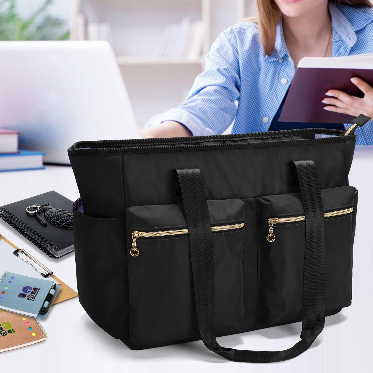 Damero Teacher Bag, Teacher Utility Tote Bag with Zip Top and Padded Sleeve for up to 15.6’’ Laptop for School, Office, Business, Black