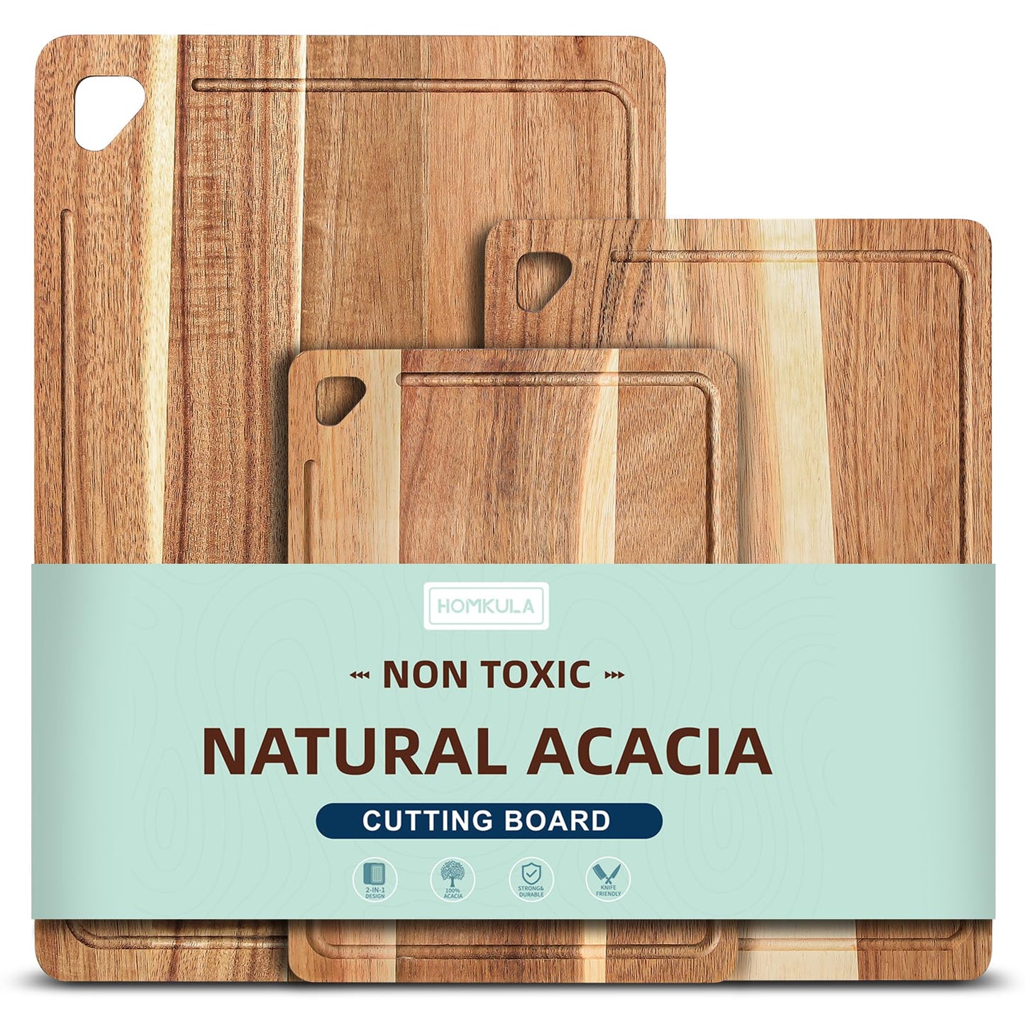 HOMKULA Acacia Wood Cutting Boards for Kitchen Non Toxic, Reversible Wooden Cutting Board with Juice Groove, Wood Chopping Board for Meat, Vegetables and Fruits, Set of 3 (S+M+L)
