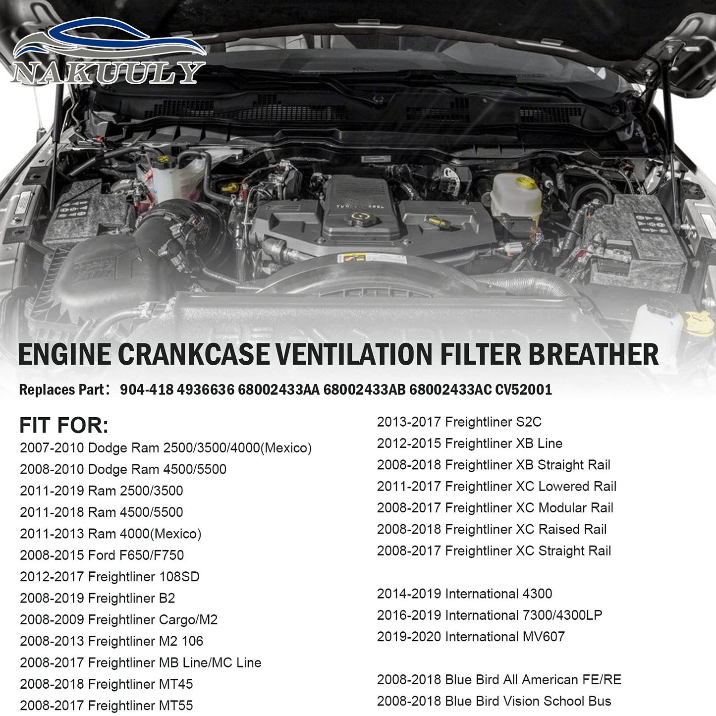 Nakuuly CV52001 Crankcase Ventilation Filter Compatible with 2008-2023 Dodge Ram 2500 3500 4500 5500 Cummins 6.7L ISB Diesel Ford F650 F750 Breather Element CCV Filter # 904-418 68002433AC