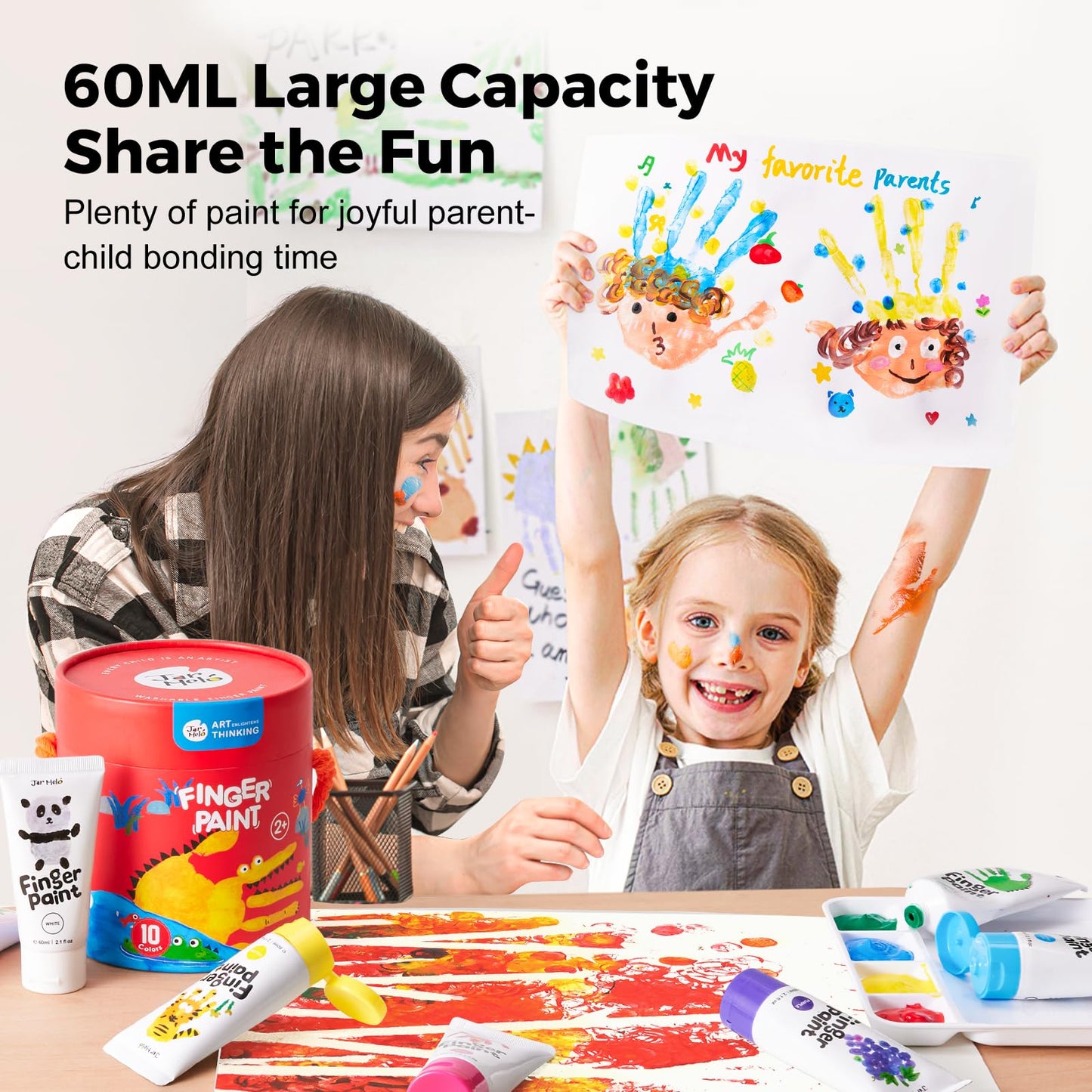 Jar Melo Washable Finger Paints for Toddlers, 12 Colors Large Capacity (2.1fl oz), Non Toxic Baby Paint for Hand and Feet, Safe Art Supplies, Preschool Learning Gifts for Kids Age 2+
