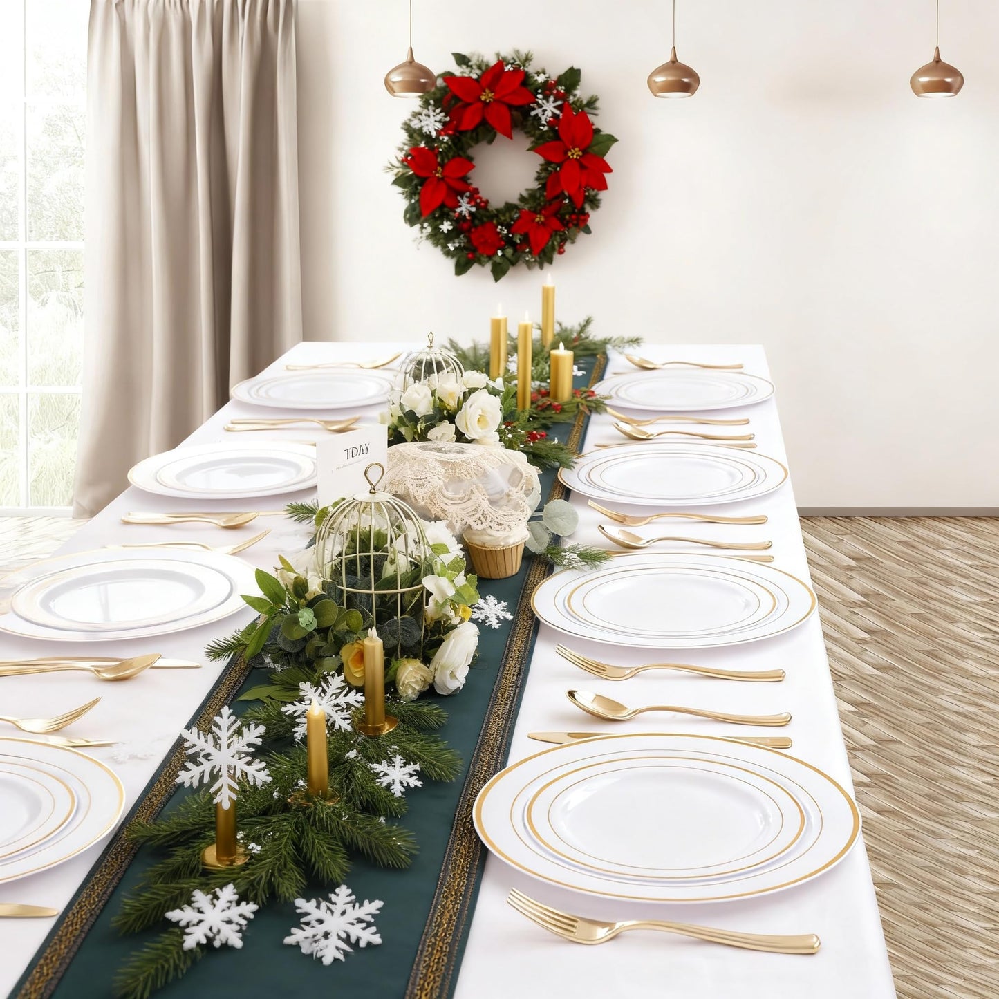 I00000 102 Pieces Gold Plastic Plates, Disposable Party Plates White Gold Rim, 51 Heavy Duty Dinner Plates 10.25 Inch and 51 Disposable Dessert Appetizer Elegant Fancy Wedding Plates 7.5 Inch