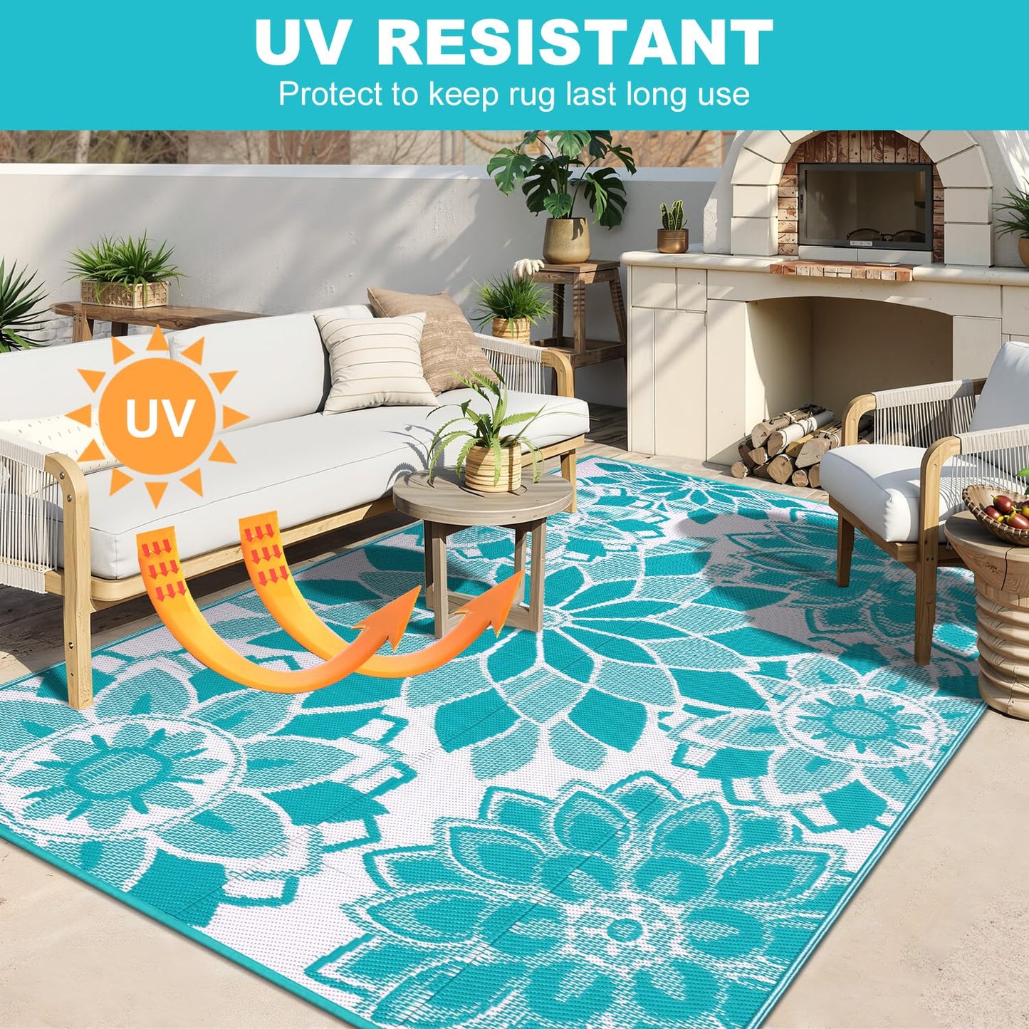 LOKHOM Outdoor Rug for Patio 5x8 ft Reversible Plastic Straw Patio Camping Rug, Floral Waterproof RV Mat for Camper Indoor Outdoor Carpet for Deck Porch Picnic Beach Balcony Backyard, Teal & White