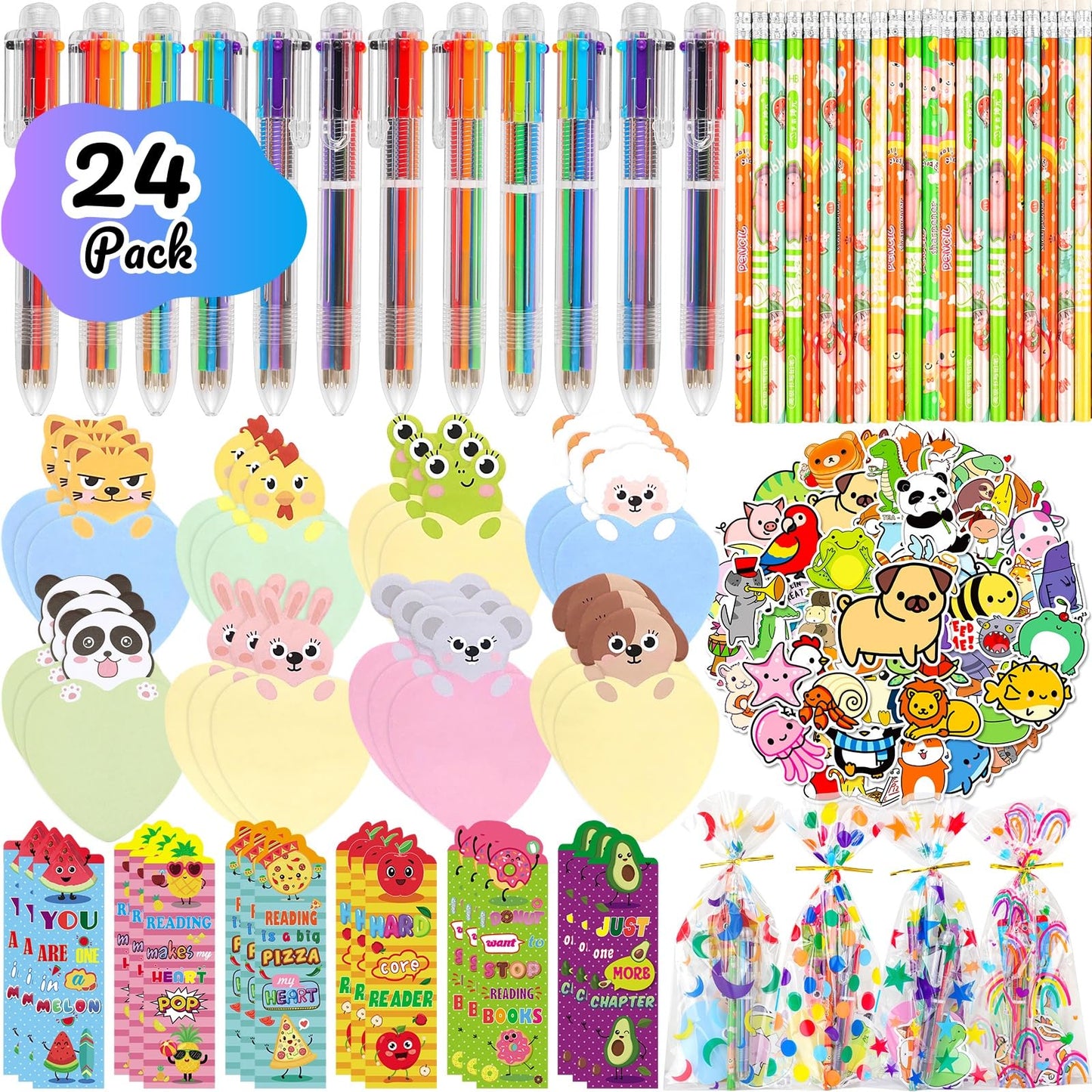 Loot Bags for Kids Birthday, 24Pack Stationery Party Favors with 6-in-1 Multicolor Pens Pencils Sticky Notes Stickers Bookmarks for Goodie Bags Birthday Classroom Gifts Rewards