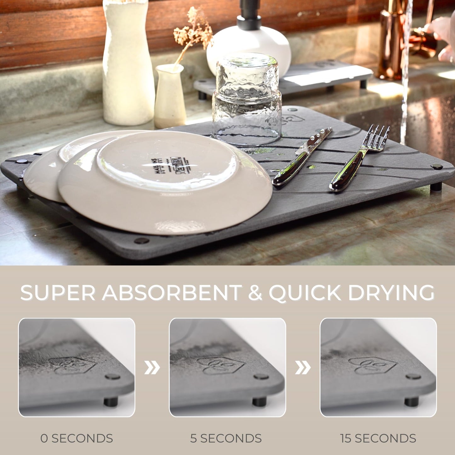 Natureva Stone Dish Drying Mat - Super Absorbent, Quick Dry Diatomite Mats for Kitchen Counter - Made of Natural Diatomaceous Earth Absorbing Water Instantly - Flow - Graphite