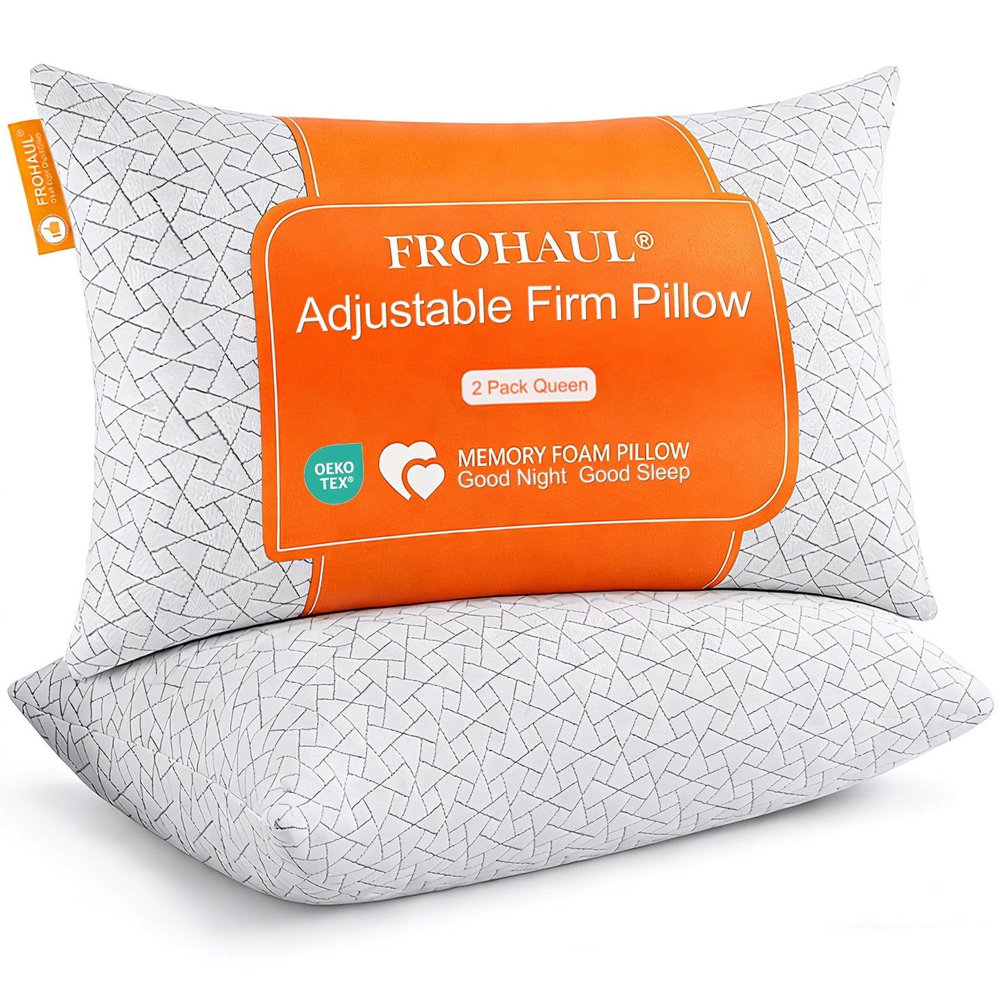 FROHAUL Shredded Memory Foam Bed Pillows Adjustable Hotel Quality Pillows for Side, Back and Stomach Sleeper, Breathable Washable Cover, Oeko-TEX Certified Queen Size Set of 2