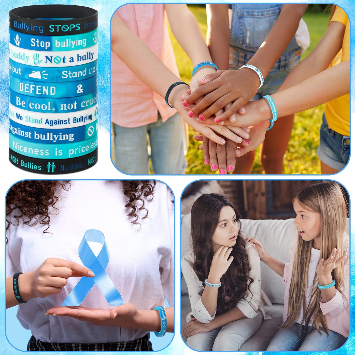 Seenelling 200 Pcs Anti Bullying Wristbands Bulk Against Bullying Silicone Bracelet 10 Styles Unisex Stretchy Motivational Silicone Wristbands for Anti Bullying Awareness Fundraising