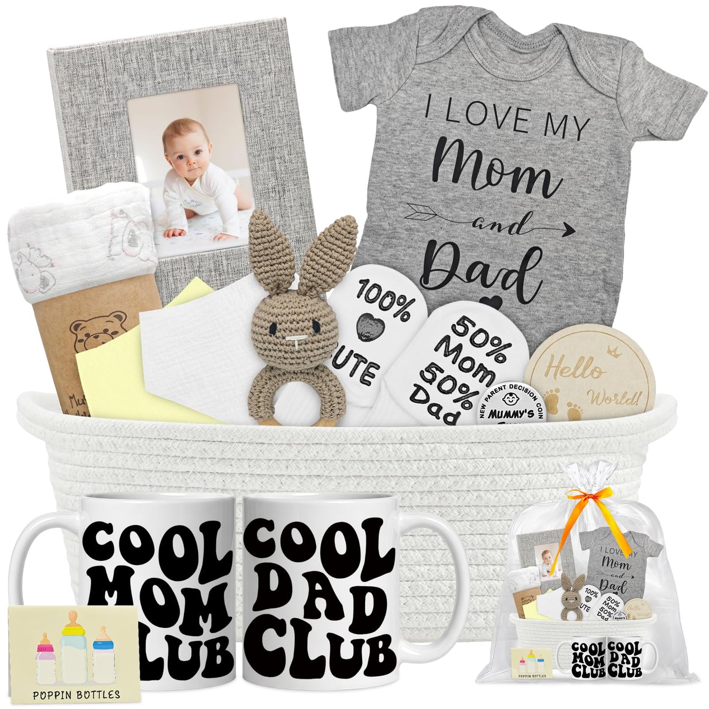 New Mom Gift,Newborn Gifts Basket for Gender Reveal & Baby Shower with First Time Mom and Dad to Be Mugs Set,Woven Gifts Basket for Expecting Parents to Be,New Parents Gifts for Couples