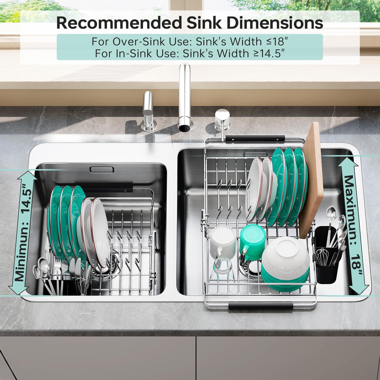 Urackify Stainless Steel Expandable-Sink-Dish-Drying-Rack with Utensil Holder for Kitchen Counter, in Sink and Over The Sink, Rust Resistant, Silver