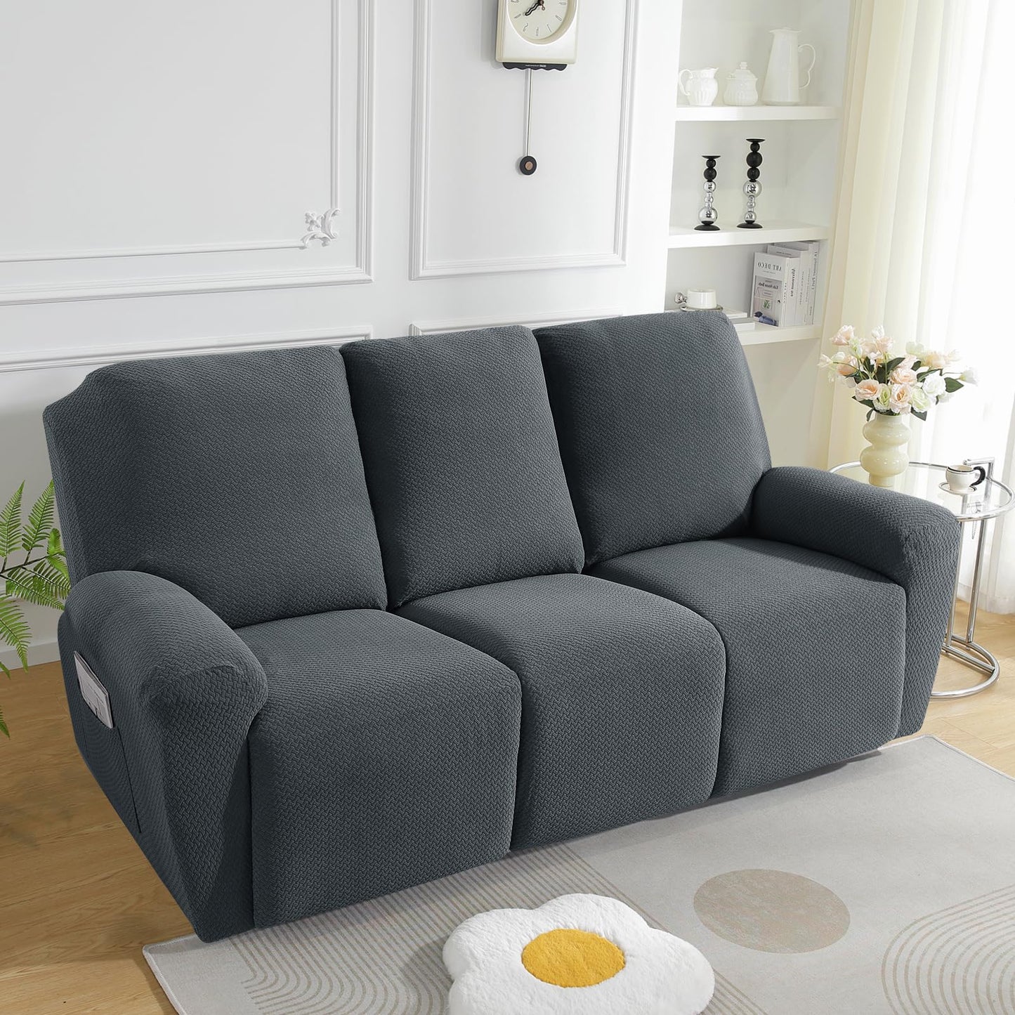 JIVINER Design 8 Piece Recliner Sofa Cover Stretch Jacquard Reclining Couch Covers for 3 Seater Sofa Slipcovers for Living Room Soft Recliner Protector with Pocket (3 Seat, Dark Gray)