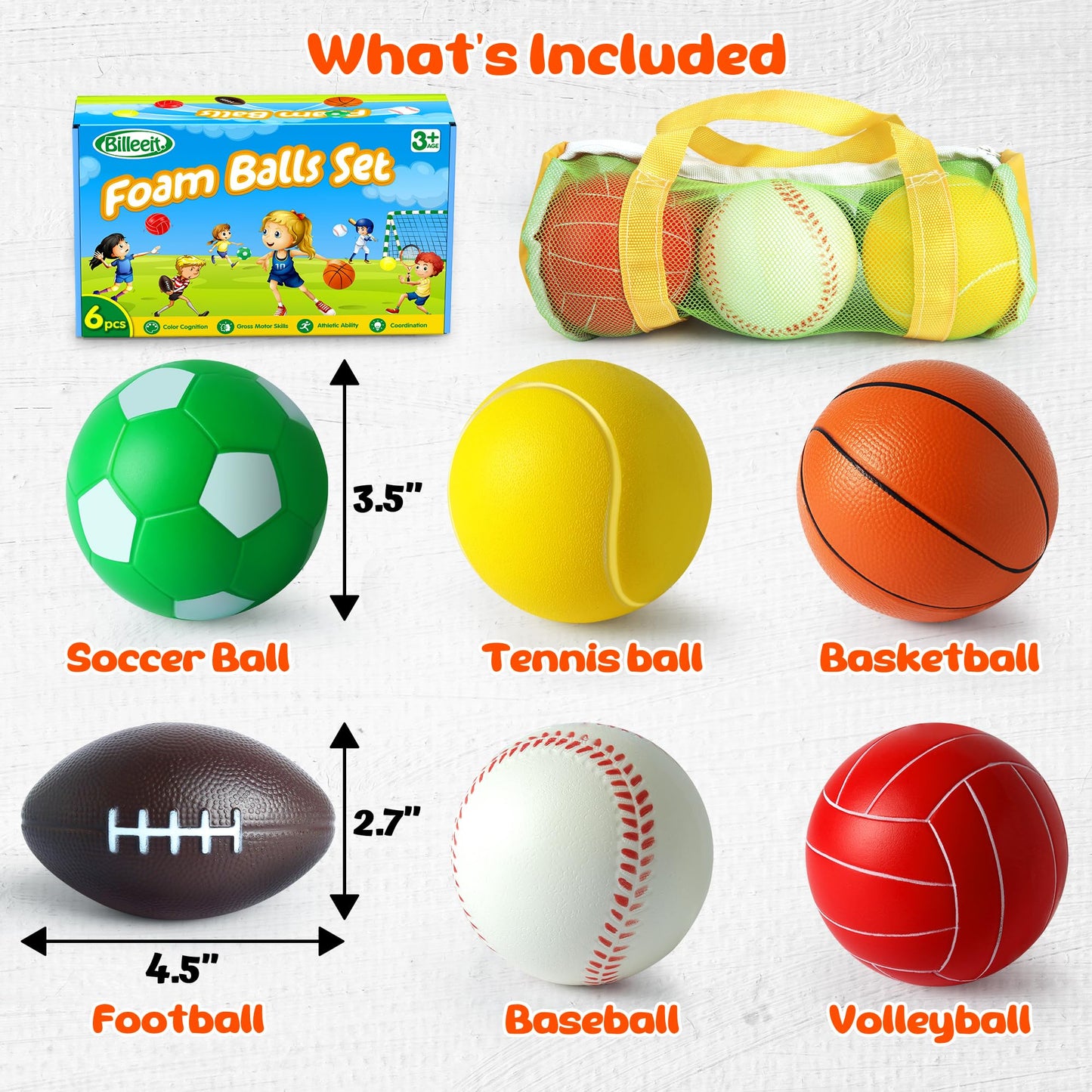 Billeeit Mini Sports Balls Set for Toddler 1-3 Kids 3+, First Sports Bag Include 1 Each of 3.5" Foam Soccer, Tennis Ball, Basketball, Football, Baseball, Volleyball, Fun Baby Ball Toys, Set of 6
