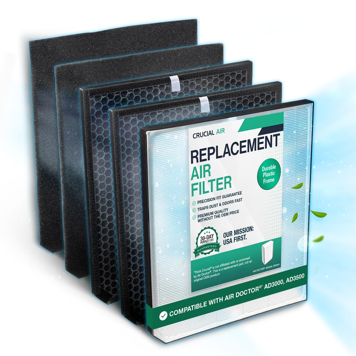 Air Purifier Filter Replacement – Compatible with Air Doctor AD3000 / AD3500 – Includes Efficient Air Filter Replacement for Home and Office - Third party-product (1 Filter and 2 Carbon Pre Filters)