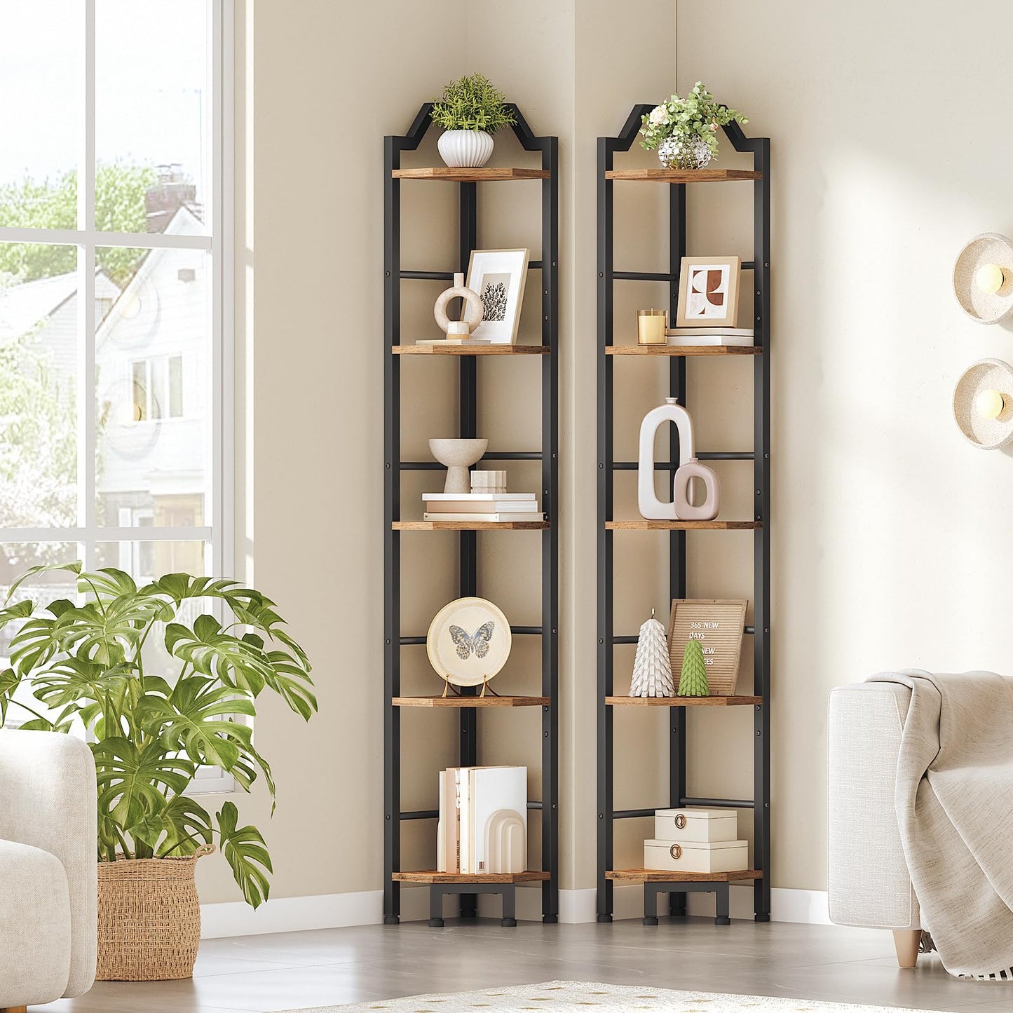 HOOBRO Corner Shelf, 5-Tier Corner Shelf Stand, Standing Display Shelf, Corner Bookcase Shelving, for Living Room, Bedroom, Study, Kitchen, Rustic Brown and Black BF100CJ01