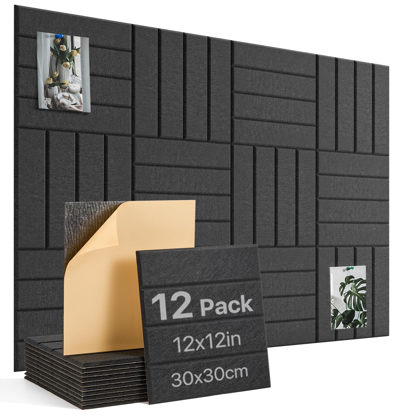 Large Cork Board Alternative 48"X36" Bulletin Board 12 Pack Felt Wall Tiles with Self Adhesive for Wall Home Office Decor, Pin Cork Boards-Black