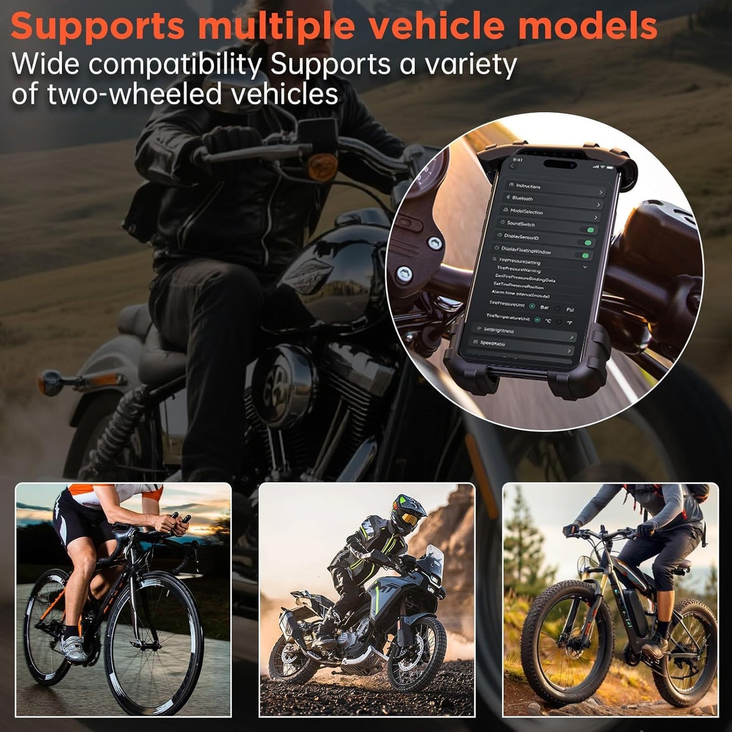 OBEST Motorcycle Tire Pressure Monitoring System, Tire Pressure and Temperature Alarm, Motorcycle TPMS with 2 External Sensors, Support iOS and Android