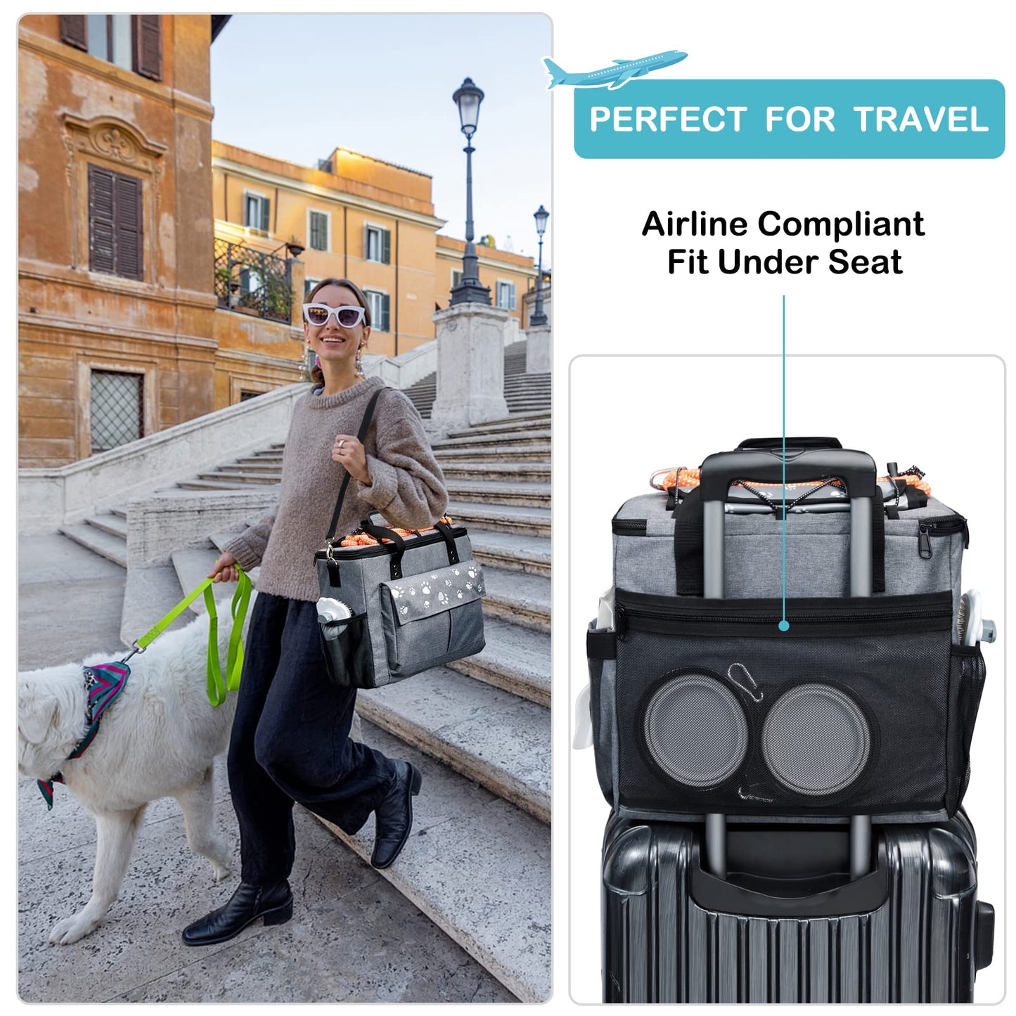 CLAWIST Dog Travel Bag - Airline Approved With Food Containers and Collapsible Bowls - Weekend Pet Supplies Kit for Overnight Trips