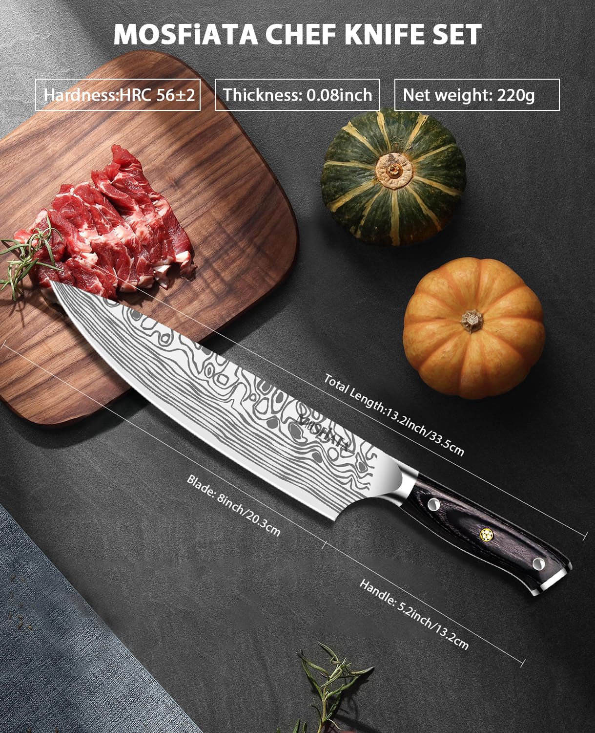 MOSFiATA 8 inch Super Sharp Professional Chef's Knife with Finger Guard and Knife Sharpener, German High Carbon Stainless Steel EN1.4116 with Micarta Handle and Gift Box