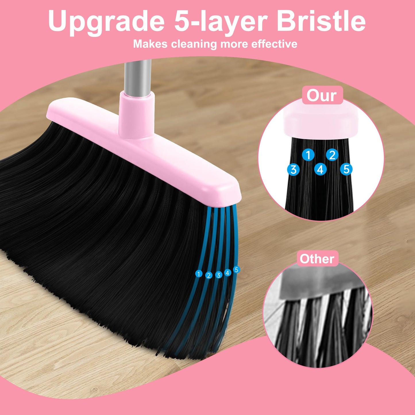 BSKLIN Pink Broom and Dustpan Set, 52” Long Adjustable Handle Broom with Dustpan Combo Set with Dust Pan Teeth to Clean Hair for Home Lobby Office