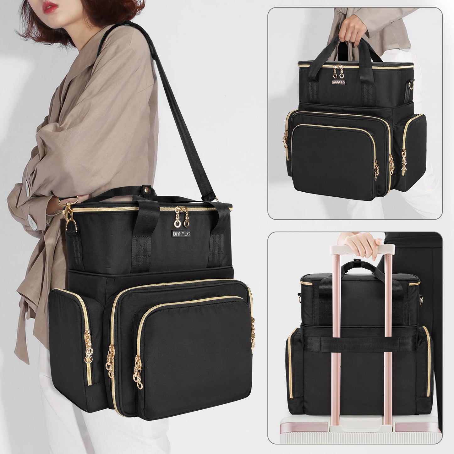 BAFASO Double Layer Nail Polish Organizer Holds 70 Bottles (15ml - 0.5 fl.oz) and a Nail Dryer, Nail Polish Case with 2 Removable Pouches and Tools Storage Sections (Bag Only), Black