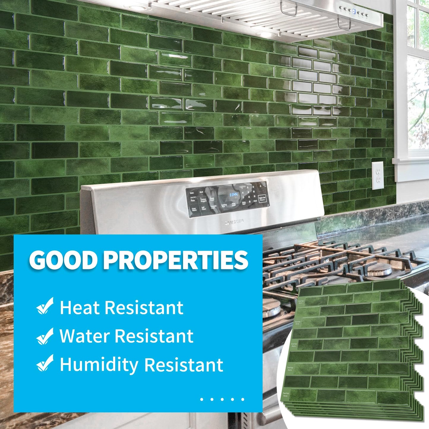 Art3d 10-Sheet Kitchen Backsplash Tiles Peel and Stick, Self Adhesive Wall Tile Sticker for Kitchen Island Bathroom Laundry Room RV Renter 12" x 12" - Jade Green