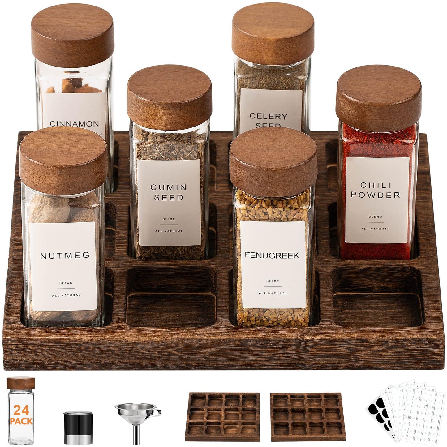 Yangbaga 2pcs Wood Spice Racks with 24pcs Spice Jars Glass Empty…